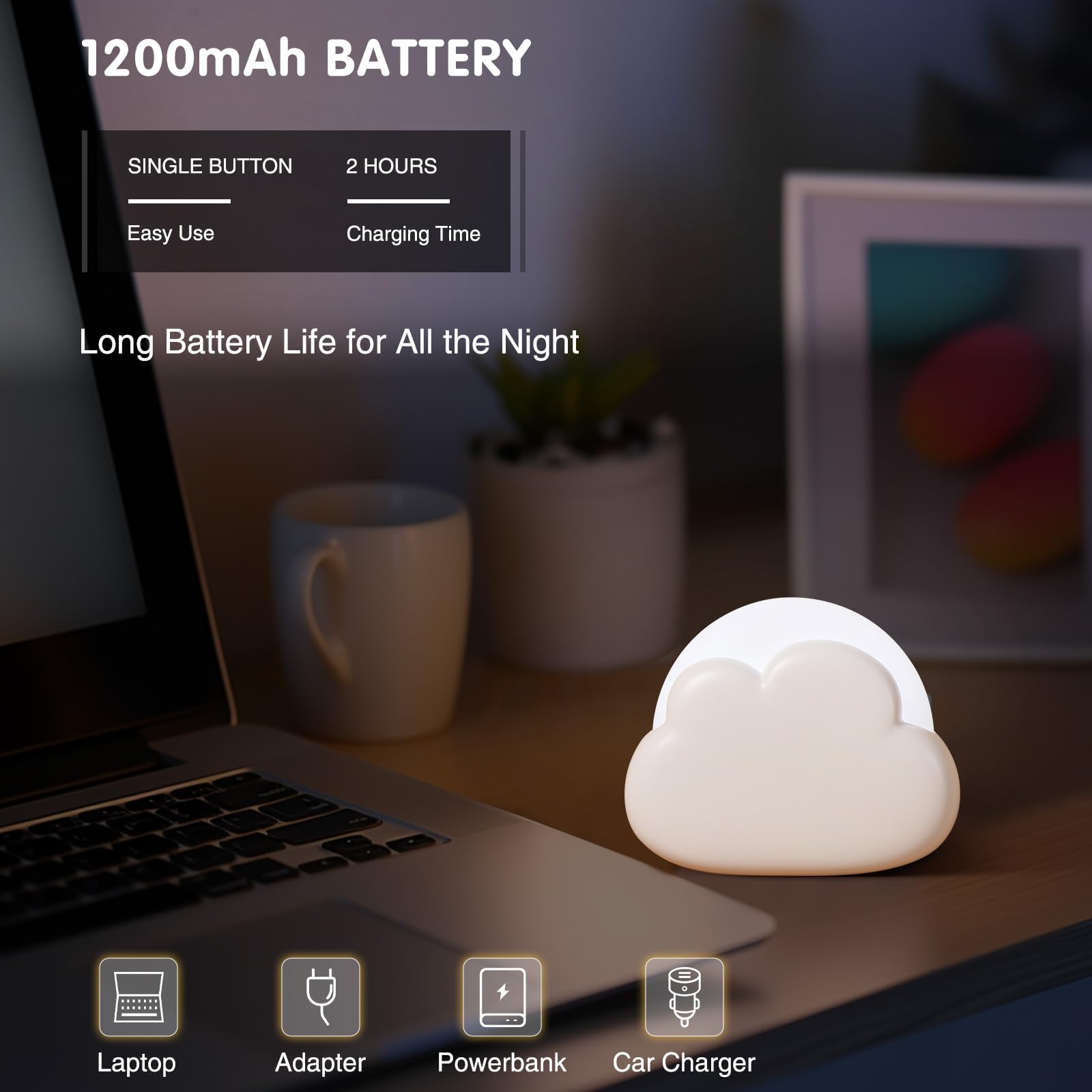 Diboniur Portable Nomadic Night Light, Rechargeable Cloud Night Light for Nursing, Baby Night Light Bedside Lamp, Baby Bedroom Decor Light, 4 Adjustable Intensities (White)