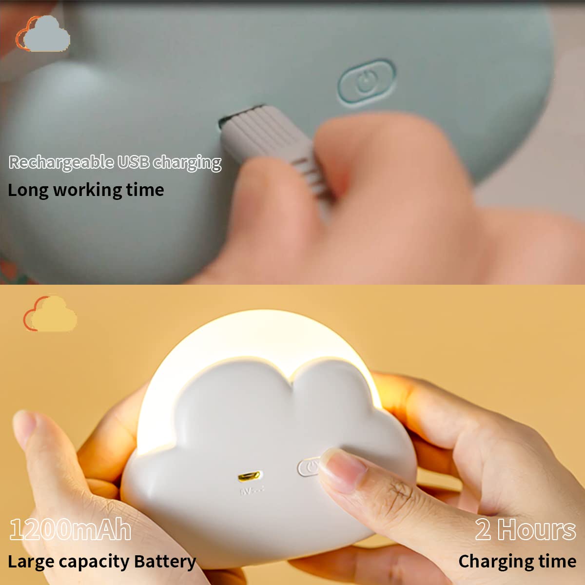 Cloud Night Light for Bedroom, Cute Bedside Lamp for Kids, Portable USB Rechargeable Yellow and White Lighting, Kawaii Room Decoration Birthday Gift (Blue)