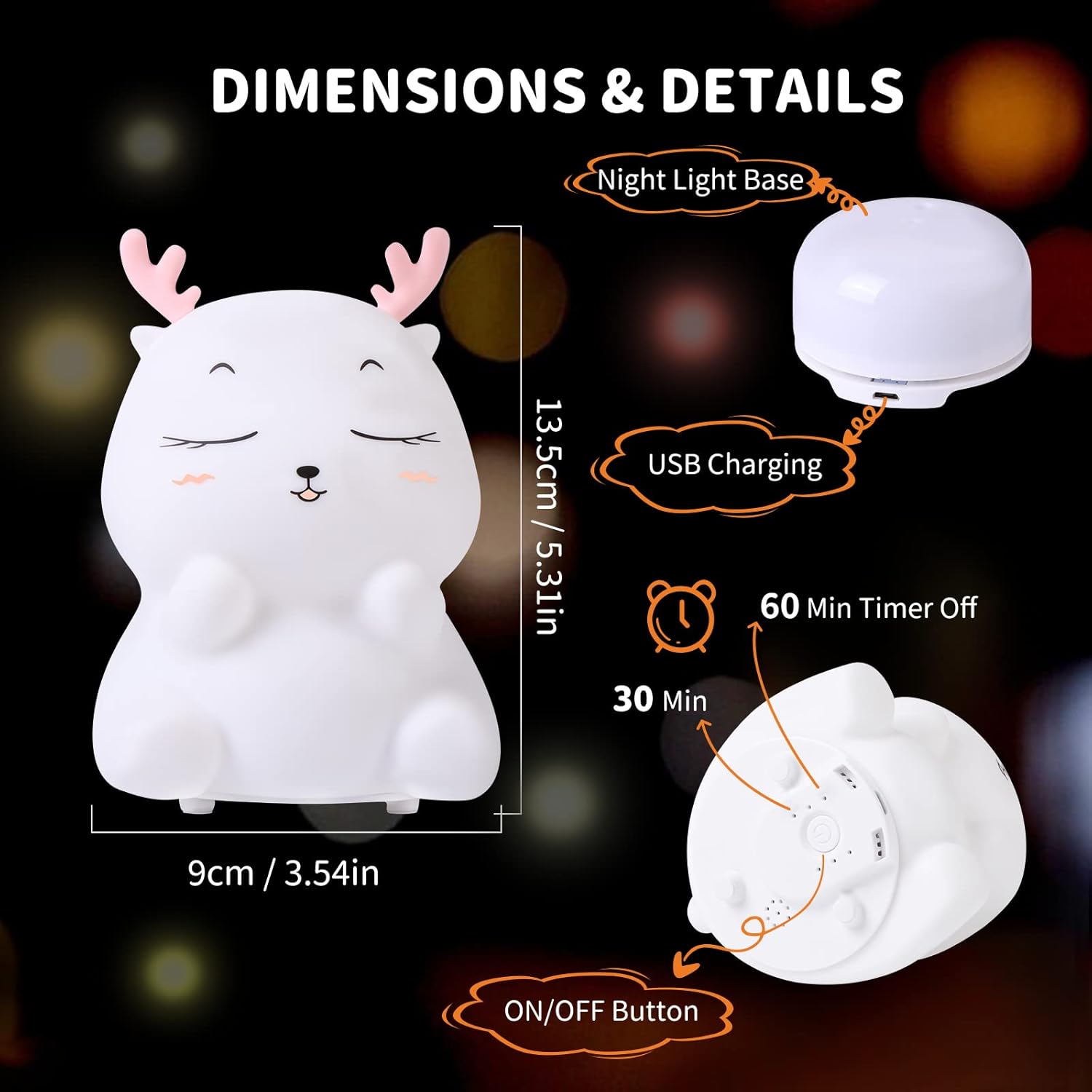 Diboniur Veilleuse Enfant Rechargeable Veilleuse Bébé Lampe, 7 Couleurs LED Veilleuse Filles, Silicone Lampe de Chevet Tactile pour Enfants Adulte Chambre Décoration Nouveau-né (Cerf)