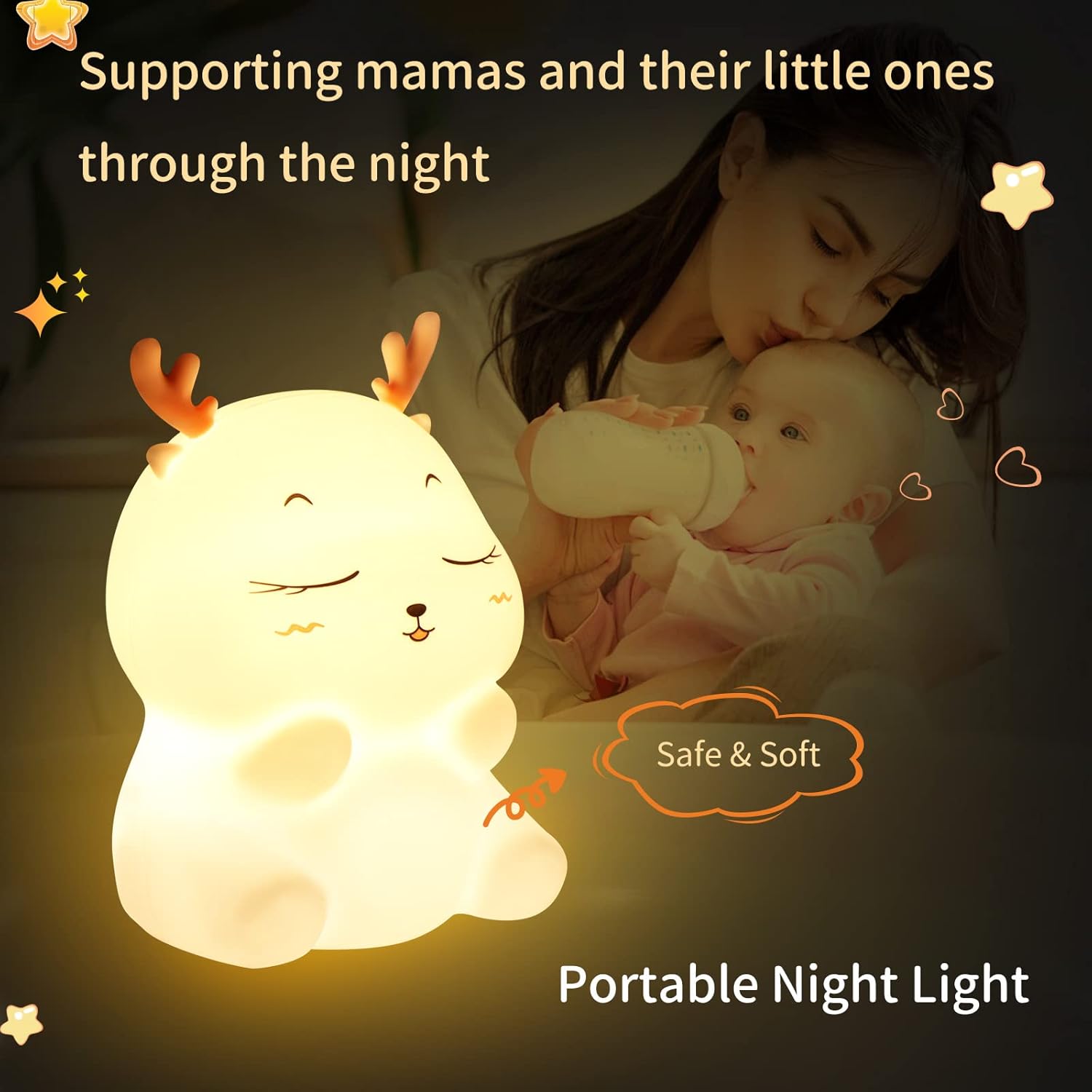 Diboniur Veilleuse Enfant Rechargeable Veilleuse Bébé Lampe, 7 Couleurs LED Veilleuse Filles, Silicone Lampe de Chevet Tactile pour Enfants Adulte Chambre Décoration Nouveau-né (Cerf)