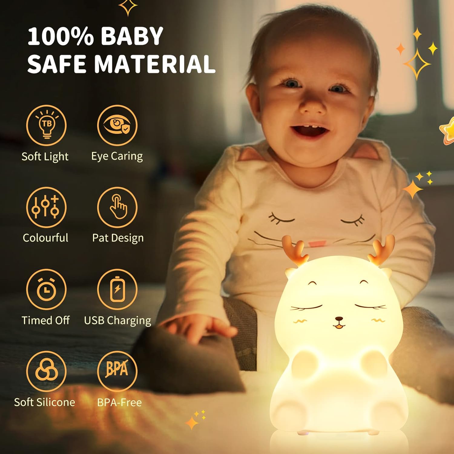 Diboniur Veilleuse Enfant Rechargeable Veilleuse Bébé Lampe, 7 Couleurs LED Veilleuse Filles, Silicone Lampe de Chevet Tactile pour Enfants Adulte Chambre Décoration Nouveau-né (Cerf)