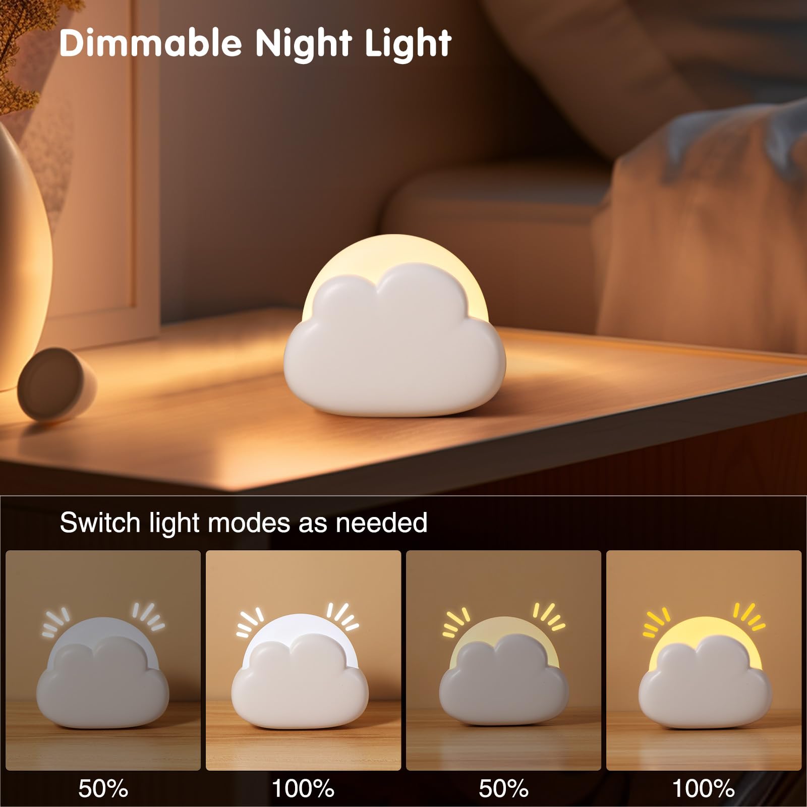 Diboniur Portable Nomadic Night Light, Rechargeable Cloud Night Light for Nursing, Baby Night Light Bedside Lamp, Baby Bedroom Decor Light, 4 Adjustable Intensities (White)