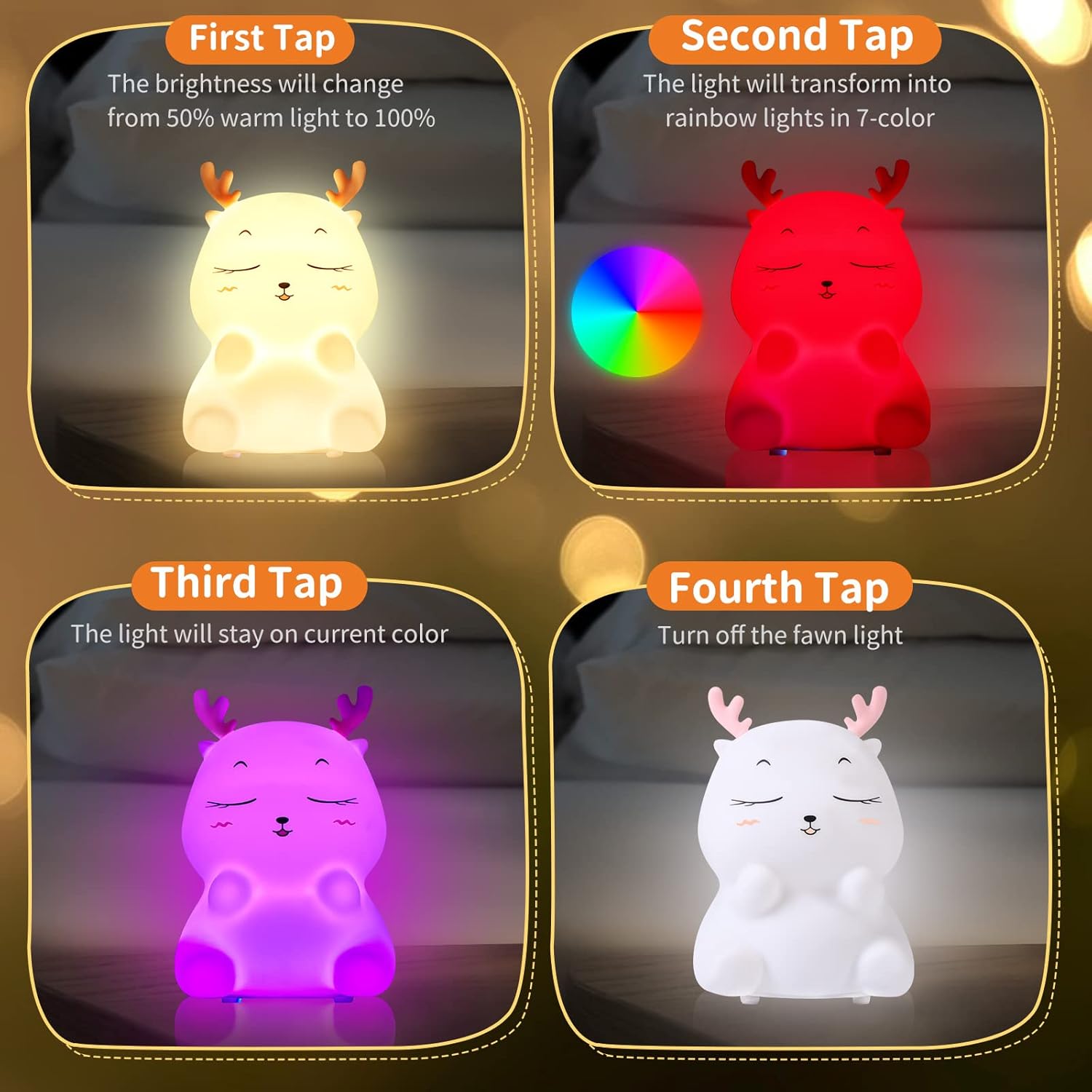Diboniur Veilleuse Enfant Rechargeable Veilleuse Bébé Lampe, 7 Couleurs LED Veilleuse Filles, Silicone Lampe de Chevet Tactile pour Enfants Adulte Chambre Décoration Nouveau-né (Cerf)
